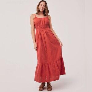 PACT 100% Organic Cotton Red Coastal Gauze Tired Cami Pocket Maxi Dress